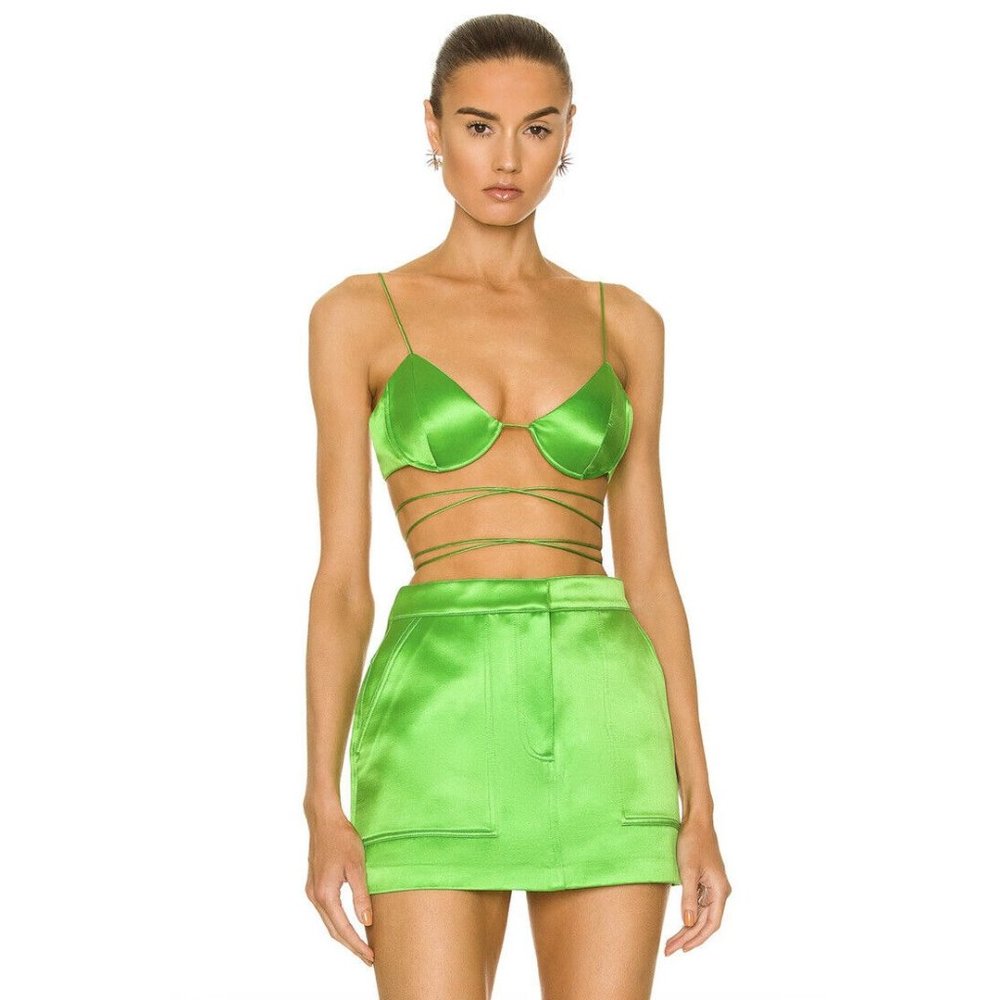 ALEX PERRY Comer Bralette Apple Green Satin Wrap Tie Waist